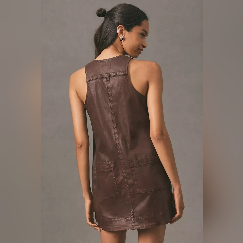 Pilcro Anthropologie Pilcro Coated Crewneck Zipper Mini Dress Brown - Size 16 - Picture 3 of 3